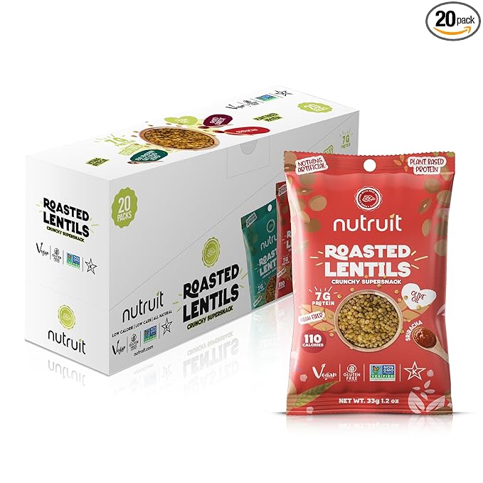 Nutruit Roasted Lentil Snacks - Tasty Sriracha Healthy Snacks - Vegan, Gluten Free, Non-GMO, High Protein, Healthy On-The-Go, Low Calorie Lentils Snacks - 1.2oz Packs (20-Pack)