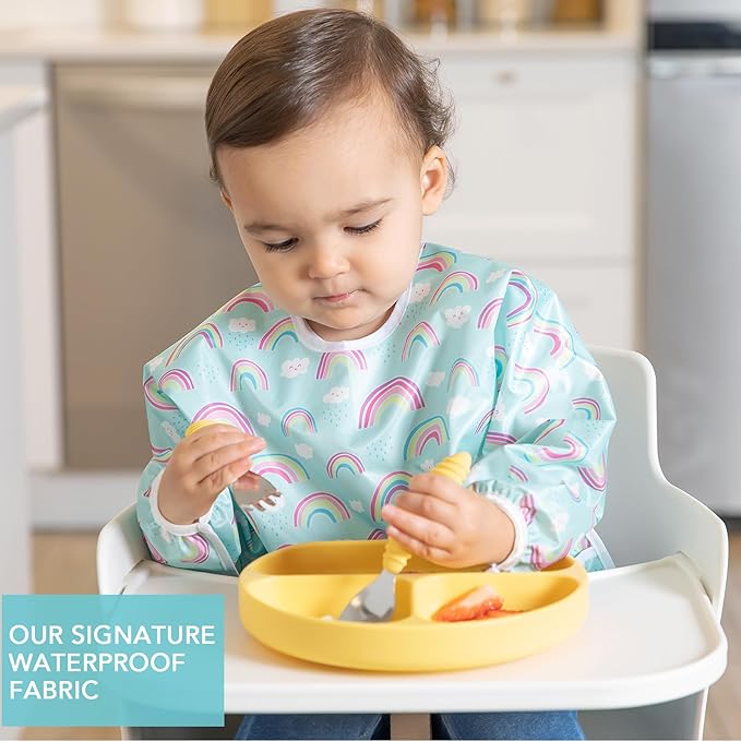 Bumkins Sleeved Bib for Girl or Boy, Baby and Toddler for 6-24 Mos, Essential Must Have for Eating, Feeding, Baby Led Weaning Supplies, Long Sleeve Mess Saving Food Catcher, Soft Fabric, Rainbow Blue