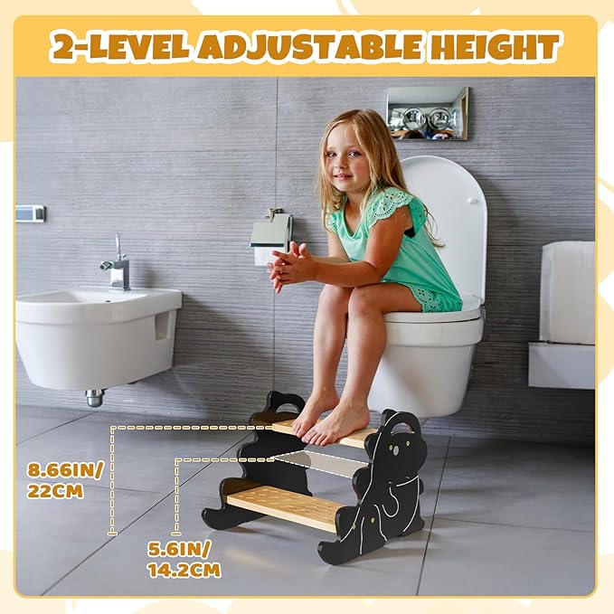 COSYLAND 2 Step Stool for Kids – Height Adjustable Non-Slip Toddler Stepping Stool for Bathroom Sink & Potty Training - Dinosaur Shaped Kids Stool for Kitchen, Bedroom & Home (Natural & Grey)