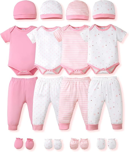 NZRVAWS Newborn Baby Boy Girl Clothes Unisex Infant Romper Pants Set Hat 4-Pack Outfits 0-12 Months 16 Pieces Toddler