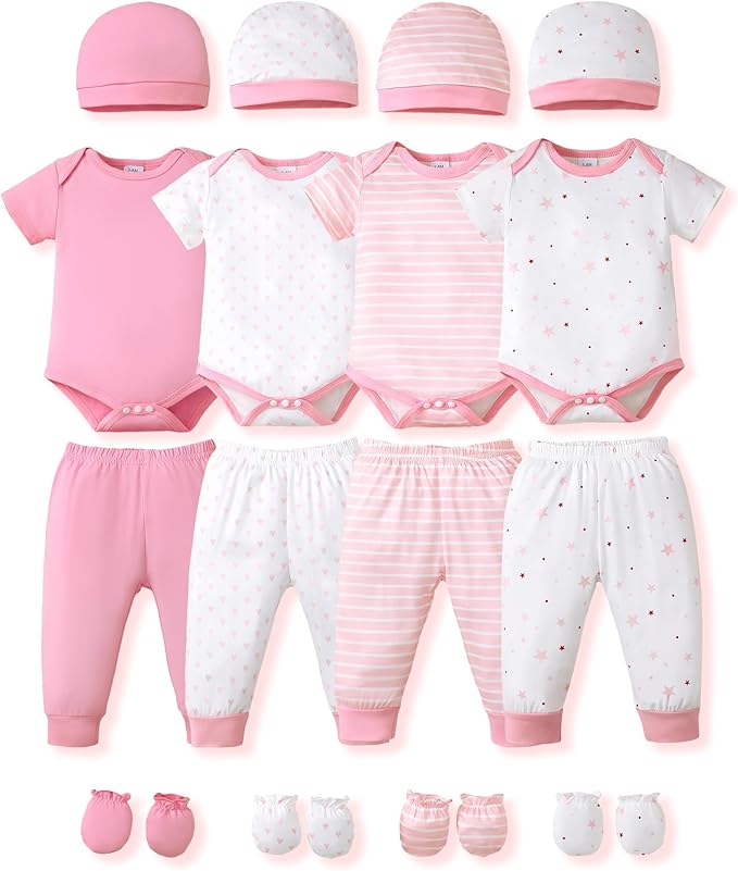 NZRVAWS Newborn Baby Boy Girl Clothes Unisex Infant Romper Pants Set Hat 4-Pack Outfits 0-12 Months 16 Pieces Toddler