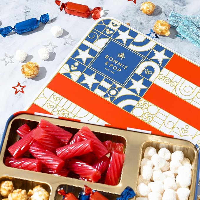 Gift Basket– Sweets Include Soft Licorice, Gummy Stars, Champagne Bubbles, Caramel Popcorn & Foiled Caramels – America Summer Candy Sampler- Memorial Day Tin- Bonnie & Pop