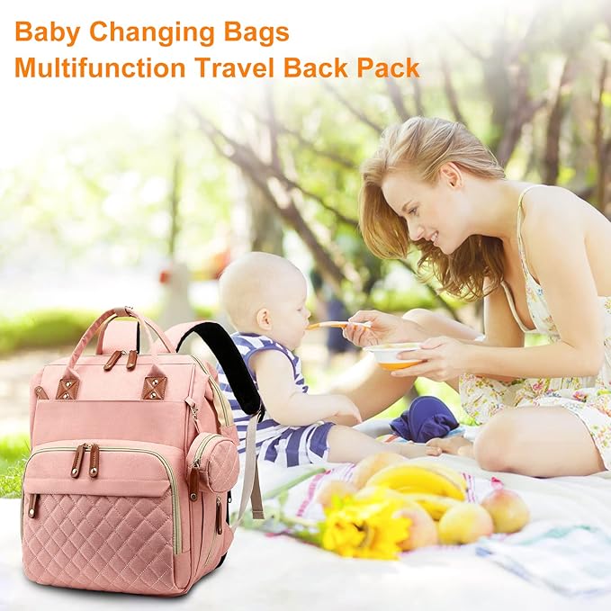 Diaper Bag with Changing Station, Waterproof Baby Bags for Boys & Girls, USB Charging Port for Parents, Must-Have Baby Essentials & Lovely Baby Shower Gifts, Pink