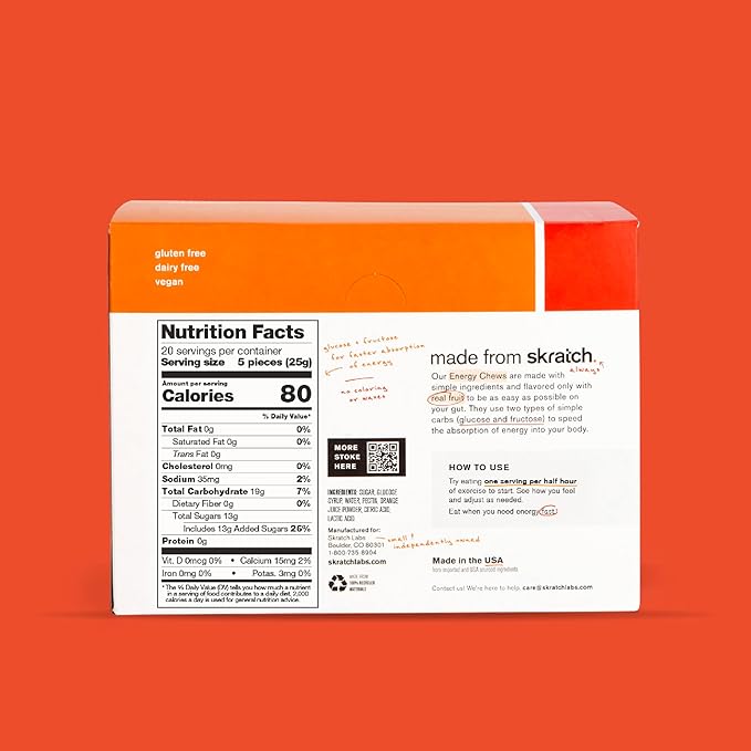 Skratch Labs Energy Chews | Gummies for Running, Cycling, and Sports Performance | Gel Alternative | Orange (10 Pack) | Gluten Free, Vegan