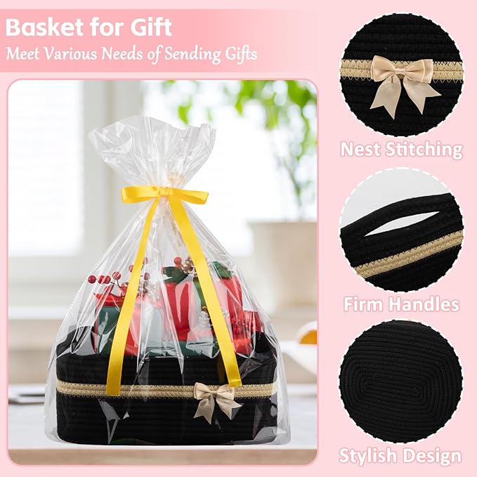 OIAHOMY Large Woven Storage Basket with Handles for Nursery Living Room Shelves, Bow Basket for Gifts Empty with Gift Bags and Ribbons for Baby Showers Pet Toy Bin - Black