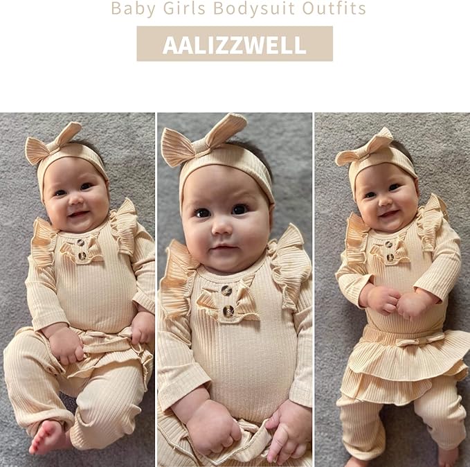 Aalizzwell Preemie Newborn Infant Baby Girls Clothes Ribbed Bodysuit Pants Set Fall Winter Outfits