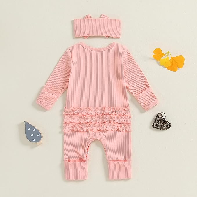 Newborn Girl Clothes Baby Girl Coming Home Outfit Zipper One-piece Outfits Ruffle Footie Bodysuit Jumpsuit Headband