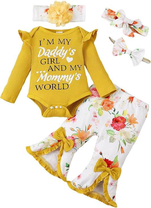 SUNNY PIGGY Newborn Baby Girl Clothes Infant Outfits Romper Floral Fall Outfit Bell Bottoms Pant Sets Hat Headband Flowerpant