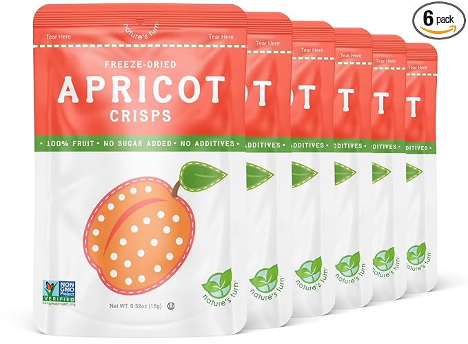 Nature’s Turn Freeze-Dried Fruit Crisps – Healthy, Gluten-Free, Crispy & Delicious, Plant-Based Snack, Ideal for Cereal, Smoothies, School Lunches, & On-the-Go, Sour Apricot, Pack of 6 (0.53 oz Each)