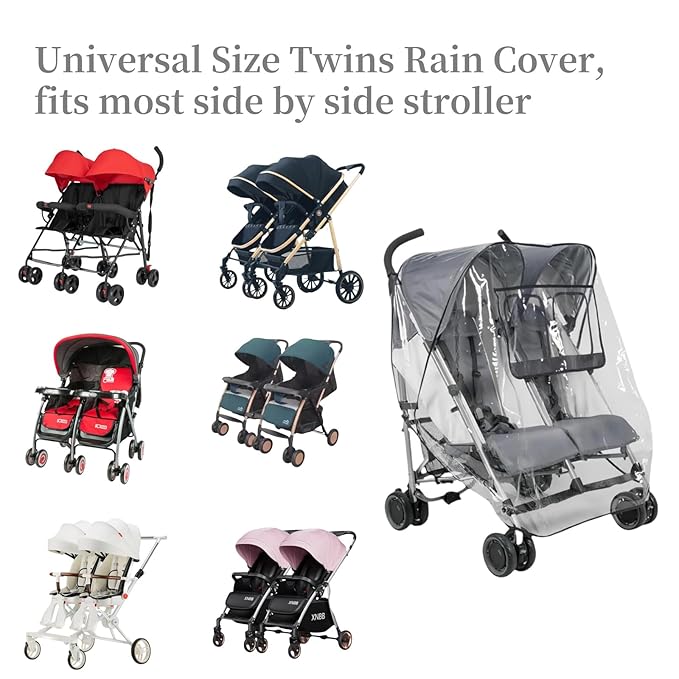 Clear Travel Weather Shield,Rain Cover for Double Stroller Universal,Breathable Waterproof Double Stroller Rain Cover Side by Side,Twins Stroller Cover for Rain/Wind/Snow/Cold/Dust