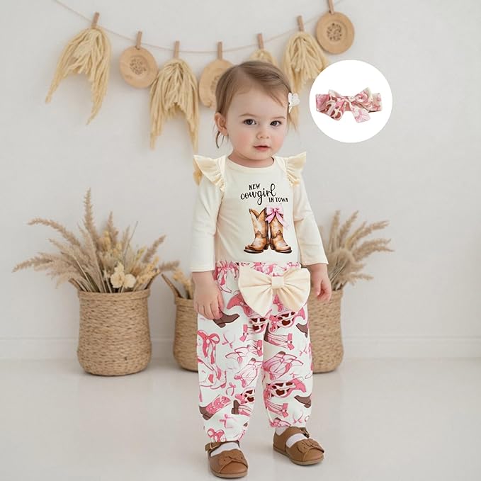 Fernvia Western Newborn Baby Girl Clothes Long Sleeve Letter Print Romper Animal Print Pants Headband 3Pcs Outfits Sets