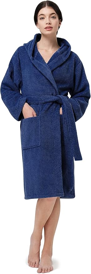 SIORO Womens Hooded Terry Cloth Robe, Cotton Absorbent Knee-Length Bathrobe, Housecoat with Pockets for Spa & Shower
