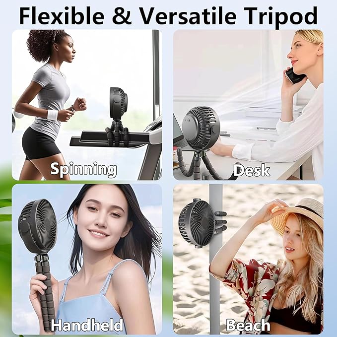 VICTORY & GIFT Portable Stroller Fan Handheld Fan 4 Wind Speeds, 4000mAh，360° Rotatable for Travel/Camping/Treadmill/Car Seat/Bedroom
