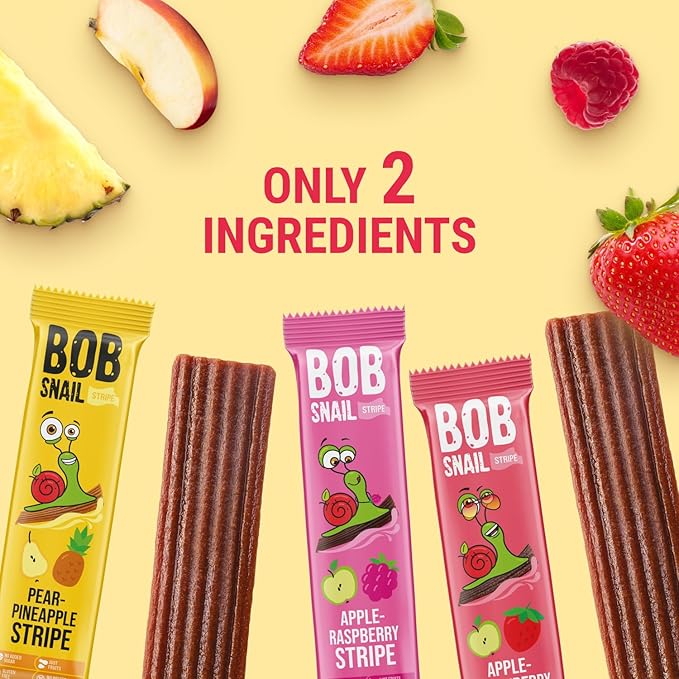 BOB SNAIL Healthy Organic Fruit Snacks for Kids and Adults – 30 Organic Fruit Leather Snacks with Strawberry, Raspberry, Pineapple – Vegan Low-Carb Variety Pack Strips for Kids – Sugar Free Jerky Bars
