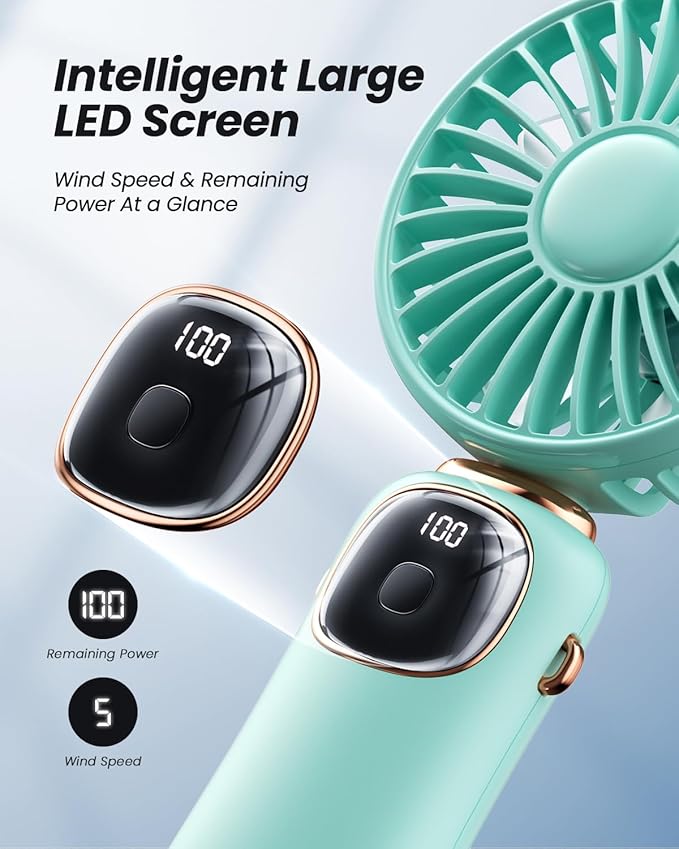 Portable Handheld Fan, 4000mAh Battery Operated Fan with LED Display, Handheld/Neck/Desk 3 in 1 Personal Small Fans, 90° Foldable Desk Fan with Base, 5 Speed Makeup Lash Fan for Women Green