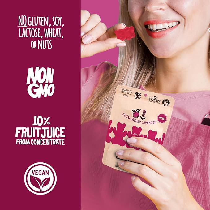 Buck Naked Bears - Huckleberry Lavender Gummy Bears - Soft, Smooth, and Sweeter Like a Fruit Snack - Plant-Based Gummies Good Snack Choice - Non-GMO - Clean Label Gummy Candy - Vegan 3.5oz 3-Pack