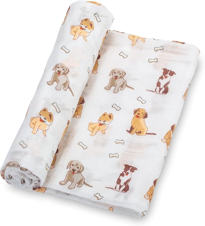 LollyBanks Baby Blanket, 100% Cotton Muslin Swaddle Blankets for Boys and Girls, Large 47 x 47 Inches Infant Receiving Blankets, Soft and Breathable Newborn Blanket, Registry (Puppies Print)