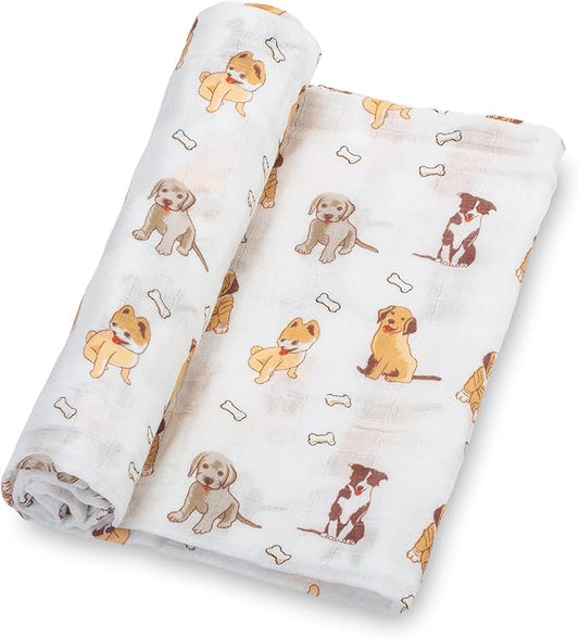 LollyBanks Baby Blanket, 100% Cotton Muslin Swaddle Blankets for Boys and Girls, Large 47 x 47 Inches Infant Receiving Blankets, Soft and Breathable Newborn Blanket, Registry (Puppies Print)