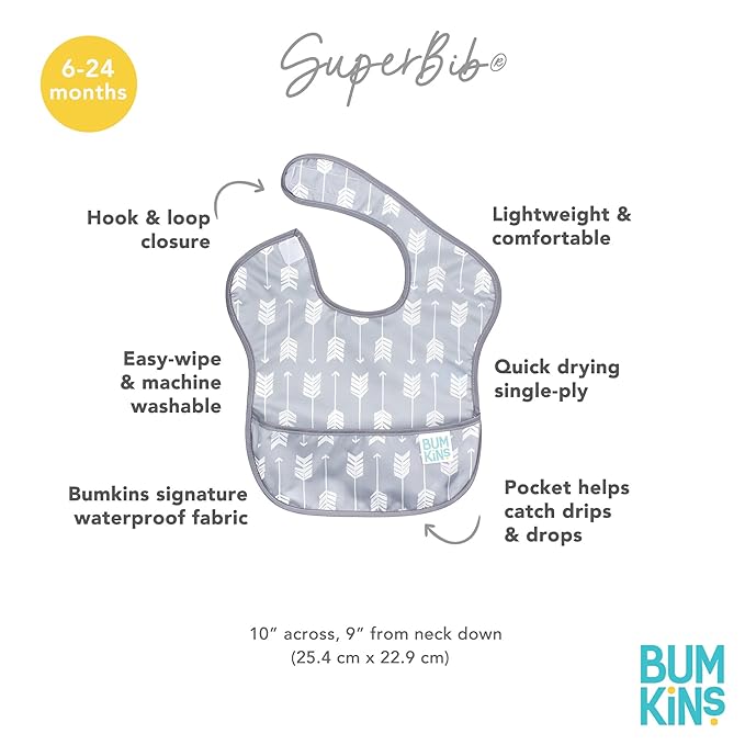Bumkins Bibs for Girl or Boy, SuperBib Baby and Toddler for 6-24 Mos, Essential Must Have for Eating, Feeding, Baby Led Weaning Supplies, Mess Saving Catch Food, Waterproof Soft Fabric, Gray Arrows