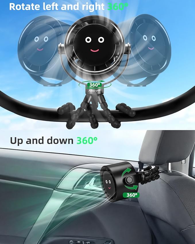 Stroller Fan Portable, Personal Fan for Travel, Air Turbo Tech & Digital display, Detachable 5 Speeds Rechargeable 360° Rotate Flexible Tripod Fan, For Home Office Stroller Camping - Black