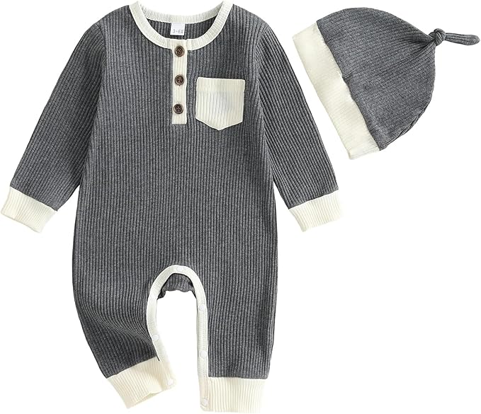 fhutpw Newborn Baby Boy Clothes Ribbed Knit Bodysuit 3 6 Months Infant Fall Long Sleeve Splicing Color Romper Jumpsuit & Hat