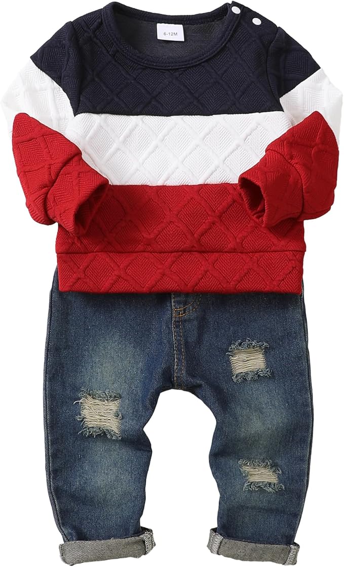 NZRVAWS Toddler Baby Boy Clothes Pullover Sweater Ripped Jean Sweatsuit Little Boy Outfit Fall Winter Clothing Set 6M-7T