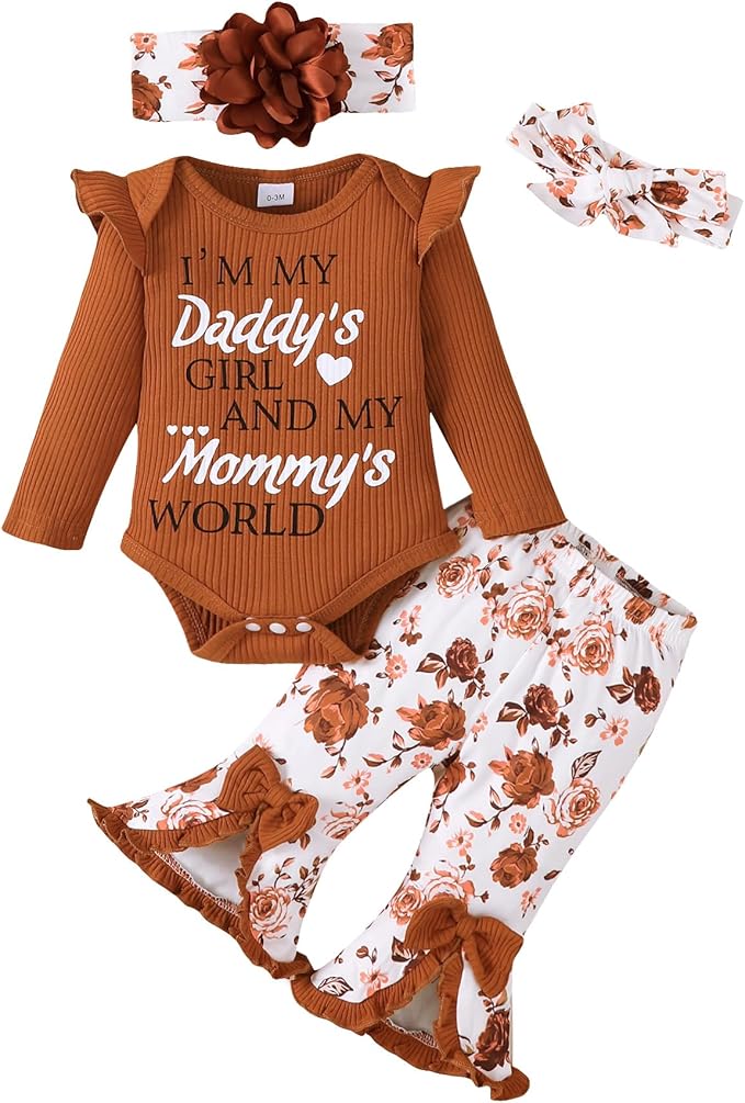 SUNNY PIGGY Newborn Baby Girl Clothes Infant Outfits Romper Floral Fall Outfit Bell Bottoms Pant Sets Hat Headband Flowerpant