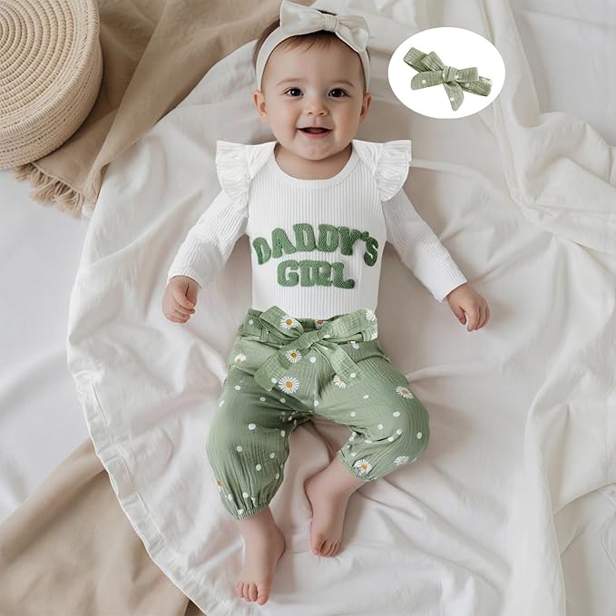 Tsnbre Newborn Baby Girl Outfits Daddys Girls Ruffle Long Sleeve Romper Top Pants Headband Infant Fall Winter Clothes