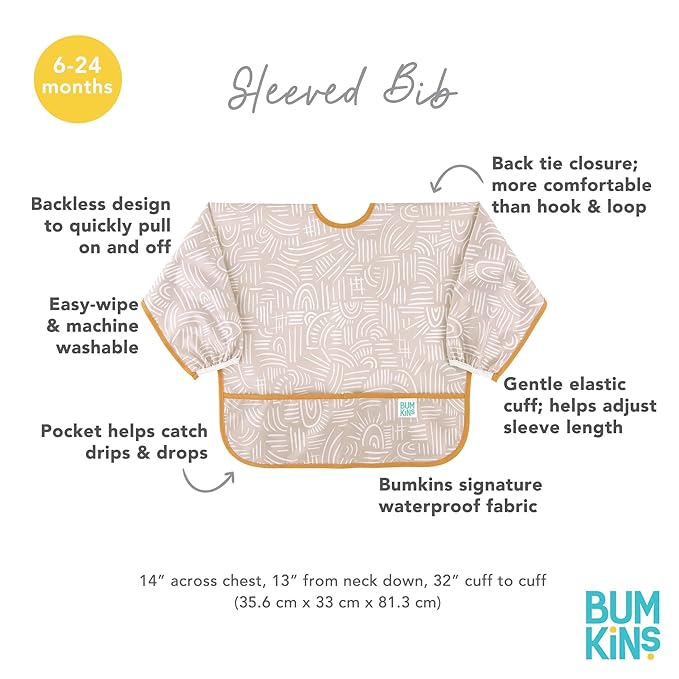 Bumkins Sleeved Bib for Girl or Boy, Baby and Toddler for 6-24 Mos, Essential Must Have for Eating, Feeding, Baby Led Weaning Supplies, Long Sleeve Mess Saving Food Catcher, Soft Fabric, Boho Beige
