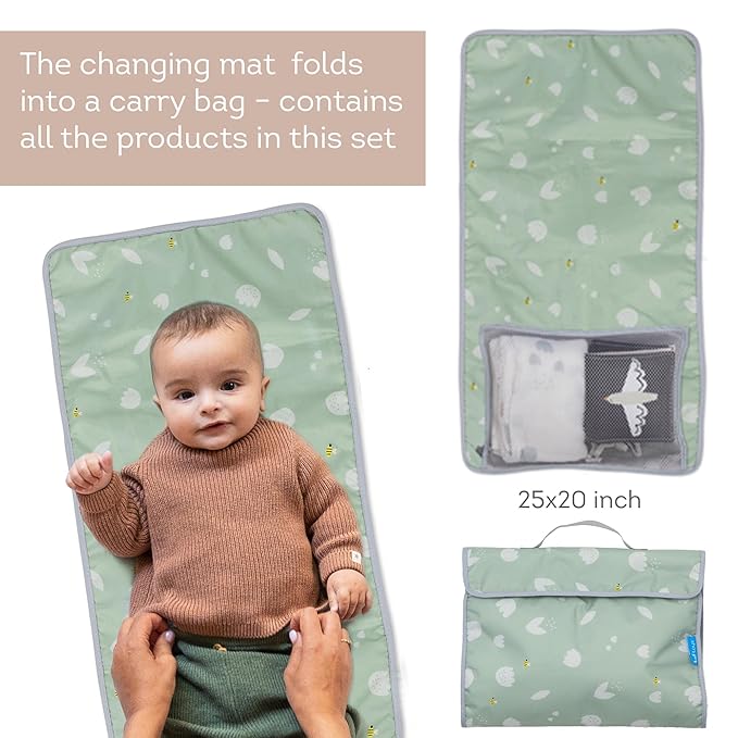 Outdoor Developmental kit, 7 Products Bamboo Swaddle, Baby Soft Book, Pacifier case, Changing mat, Carry Bag, rattling Toy Best for Newborns & up Development Montessori Infant Toys 0-6 Months Babies