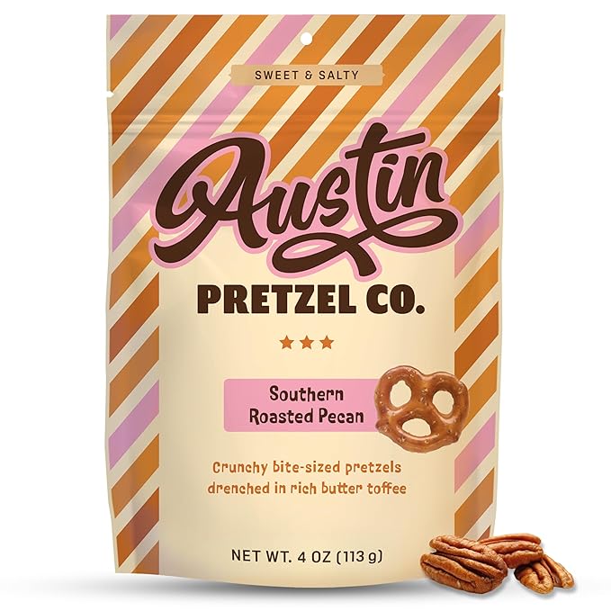 Southern Roasted Pecan Pretzels – 4 Oz Gourmet Snack, Crunchy Bite-Sized with Rich Butter Toffee Coating – A Taste of Texas in Every Bite Austin Pretzel
