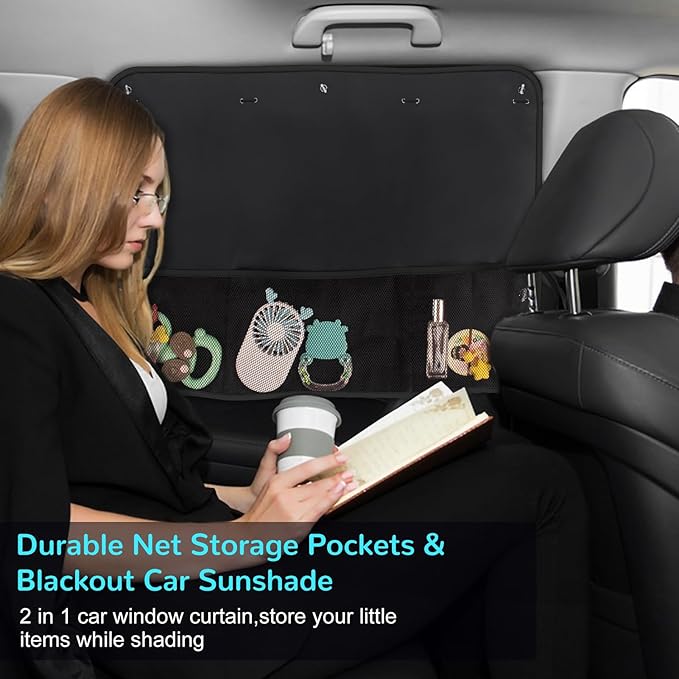 Car Sun Shade Side Window, 2 Pcs Blackout Car Window Shade for Baby Privacy with Storage Net Pockets Car Curtains 7 Suction Cups for Heat/UV Protection Sun Block Covers