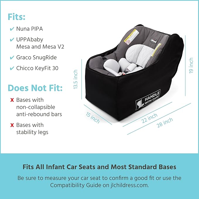 J.L. Childress Padded Infant Car Seat Bag - Travel Bag for Airplane, Fits Most Baby & Infant Car Seats, Compatible with UPPAbaby, Nuna, & Chicco, Airport Accessories, AirTag Compatible- Premier, Black