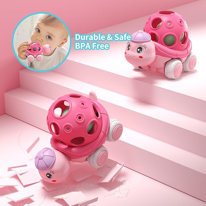 Baby Girl Toy Cars for Toddlers 1-3, Push and Go Rattle Cars for Baby Toy 6-9-12-18 Months, First Birthday Gifts for 1 2 Year Old Girls, Infant Pink Friction Truck Set
