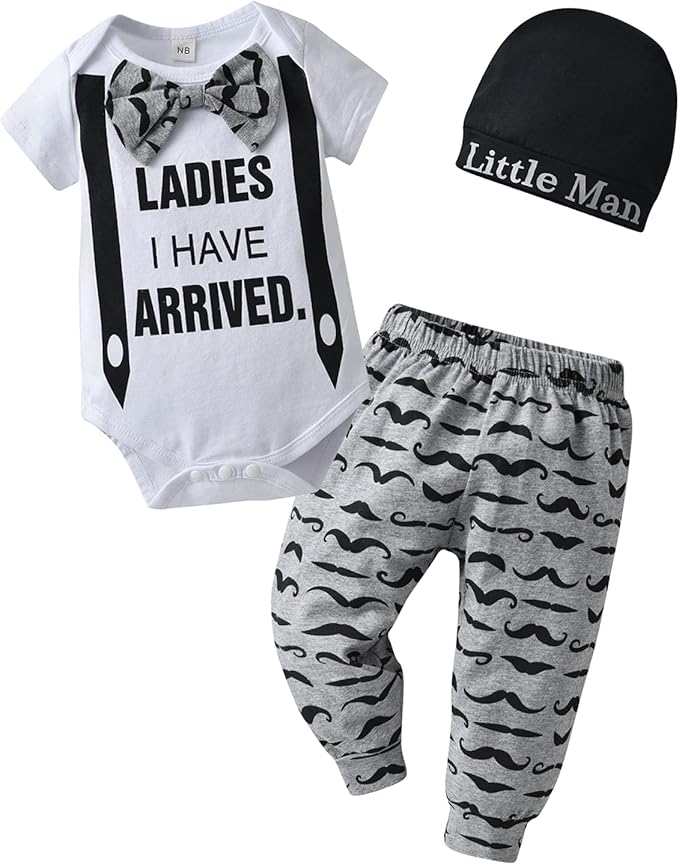 KuKitty Newborn Infant Baby Boy Clothes Long Sleeve Romper + Pants + Hat 3PCS Outfits Set