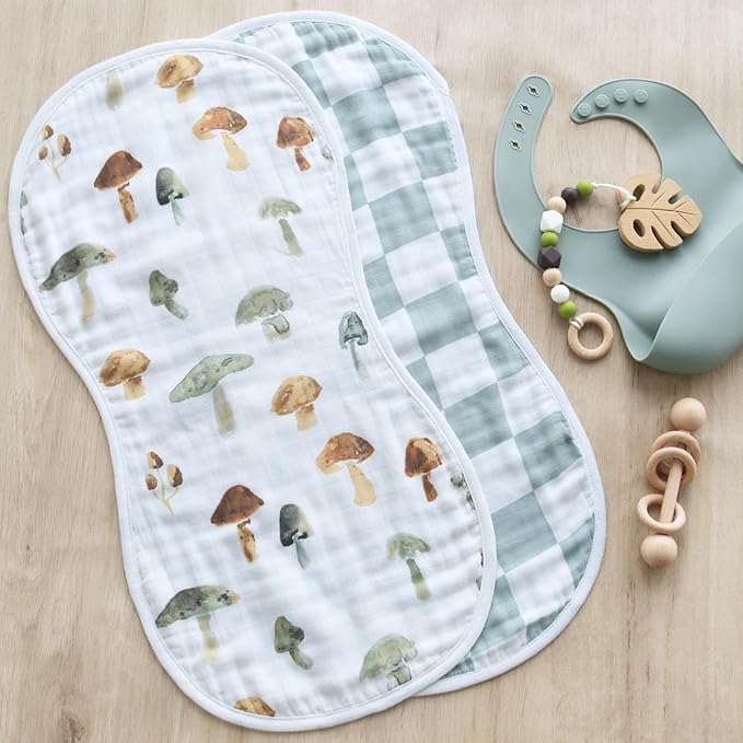 LifeTree Muslin Baby Burp Cloths - 2 Pack 70% Viscose from Bamboo and 30% Cotton Large 22'' by 10'' Absorbent Milk Spit Up Rags - Burping Cloths for Newborn, Girls Boys, Mushroom and Green Checkered