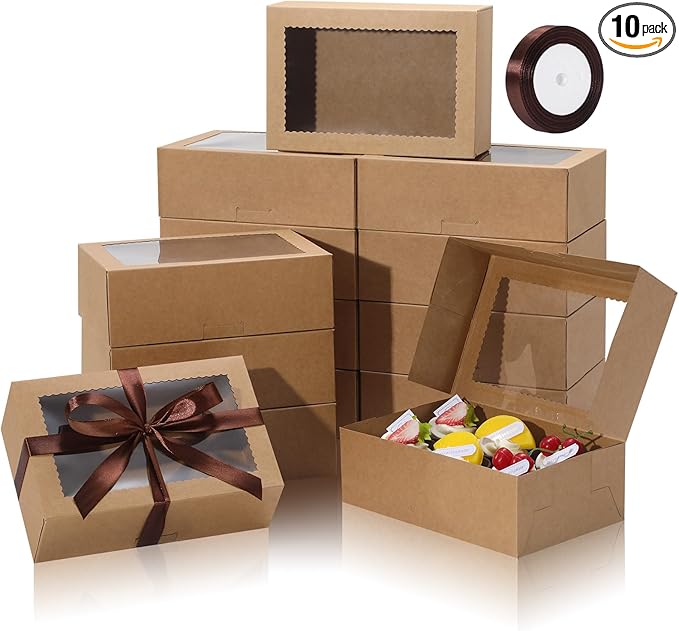COTOPHER 10Pcs Cookie Boxes with Ribbons, 9x6x3 Inch Bakery Boxes with Window, Brown Treat Containers for Pastries, Chocolate Covered Strawberries, Dessert, Easter Candy, Muffins, Donuts