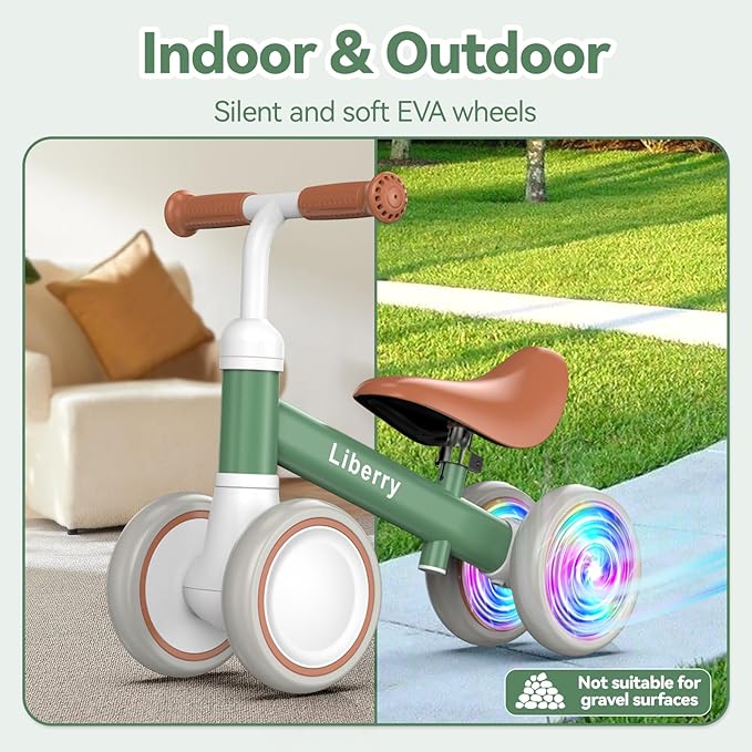 Liberry Light Up Baby Balance Bike 1 2 Years, Ride Toys with Adustable Seat for Boys Girls, First Birthday Gift for Toddlers, Green