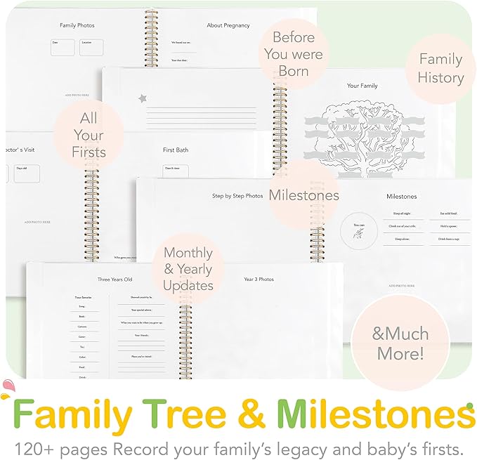 Baby Memory Book First 5 Year Boy or Girl Keepsake Journal Photo Albums Scrapbook, Gifts for Baby Shower First Time Mom New Parents (Toy - Sage Green)