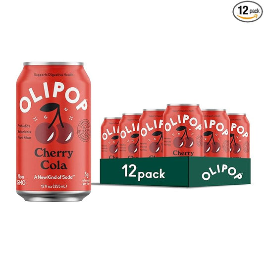 OLIPOP Prebiotic Soda Pop, Cherry Cola, Pantry Pack Packed with Prebiotics, Fiber, and Botanicals, Gluten Free, Vegan, GMO Free, 12oz (12-Cans)