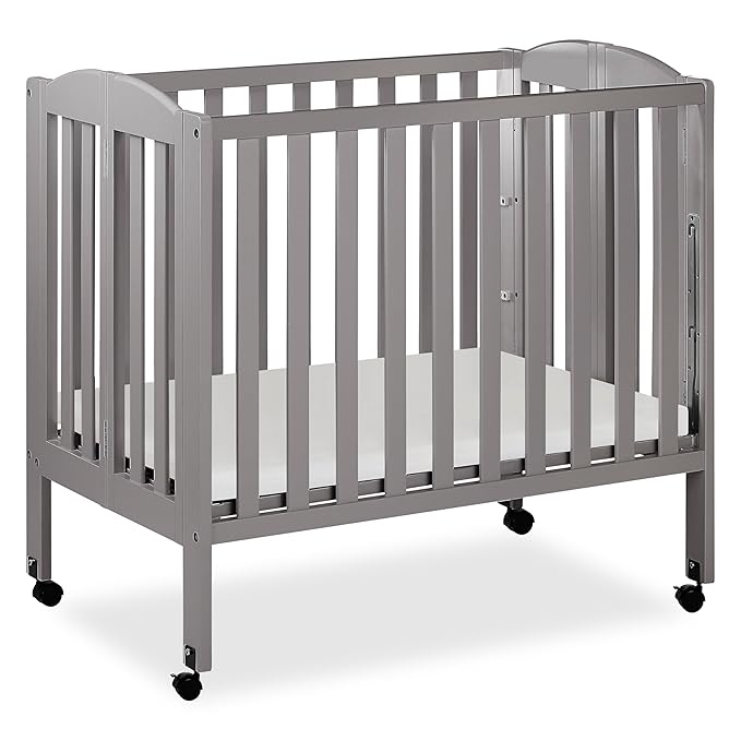 Dream On Me 3 in 1 Portable Folding Stationary Side Crib in Steel Grey, Greenguard Gold Certified, Safety Wheels with Locking Casters, Convertible, 3 Mattress Heights
