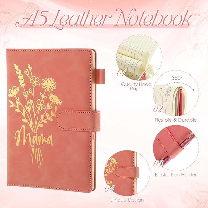 LemonRoad 6 Pcs New Mom Gifts, Pregnancy Gift for Expecting Mom, Baby Shower Favor for New Mommy After Birth, Aesthetic Flower Tumbler Notebook Pen Sock Dried Flower Greeting Card for Mommy(Pink)