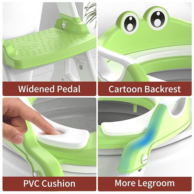 Potty Training Seat, Upgrade 2 in 1 Potty Training Toilet for Toddler, Toddler Toilet Seat for Boys Girls with Support Bar, Anti-Slip Pad and Step Stool (Green)