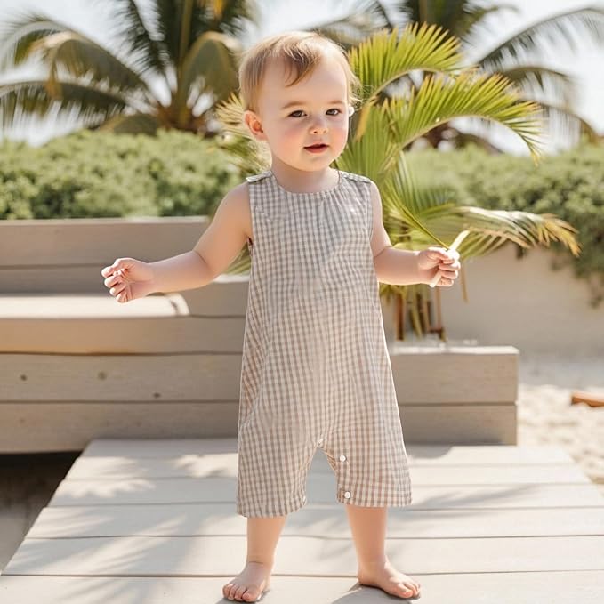 Baby Boy Summer Clothes Sleeveless Retro Plaid Romper Overalls Jumpsuit Shortalls Playsuit Outfits