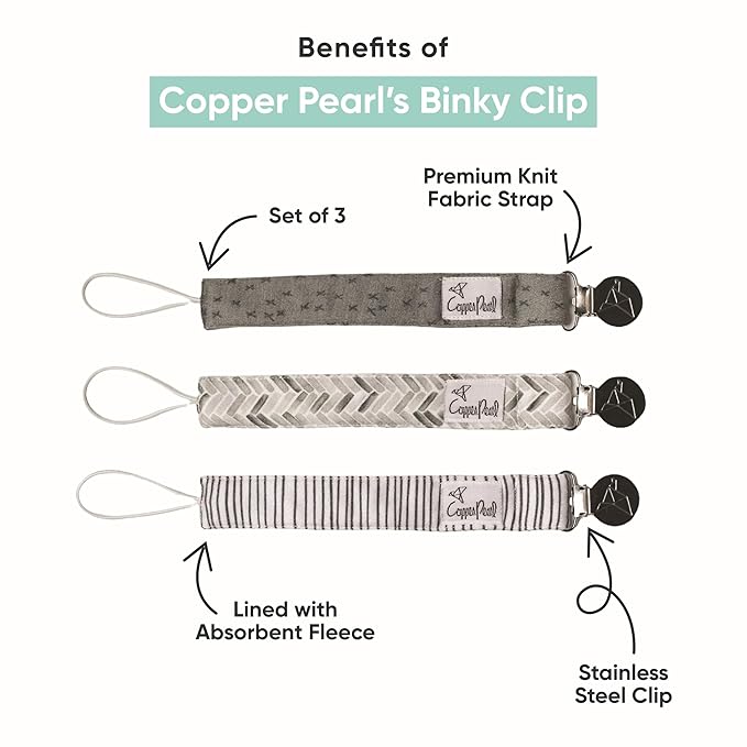 Copper Pearl Pacifier Clip 3-Pack - Stylish Stainless Steel Pacifier Holder Clip for Baby Girls and Boys - Baby Pacifier Clips for No More Floor Drops - Slugger