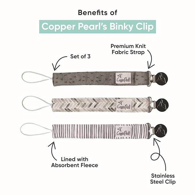 Copper Pearl Pacifier Clip 3-Pack: Premium Knit Binky Clips for Baby Girls and Boys - Stylish Stainless Steel Pacifier Holder Clip - Baby Pacifier Clips for No More Floor Drops - Tide