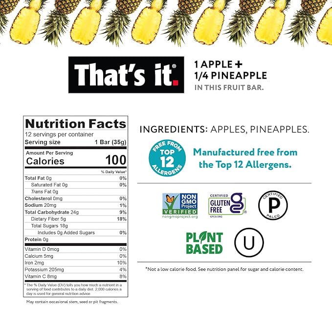 That's it. Apple + Pineapple 100% Natural Real Fruit Bar, Best High Fiber Vegan, Gluten Free Healthy Snack, Paleo for Children & Adults, Non GMO No Added Sugar, No Preservatives Energy Food (12 Pack)