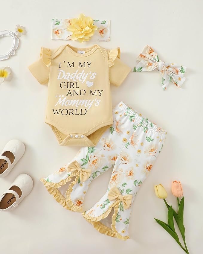 SUNNY PIGGY Newborn Baby Girl Clothes Infant Outfits Romper Floral Fall Outfit Bell Bottoms Pant Sets Hat Headband Flowerpant