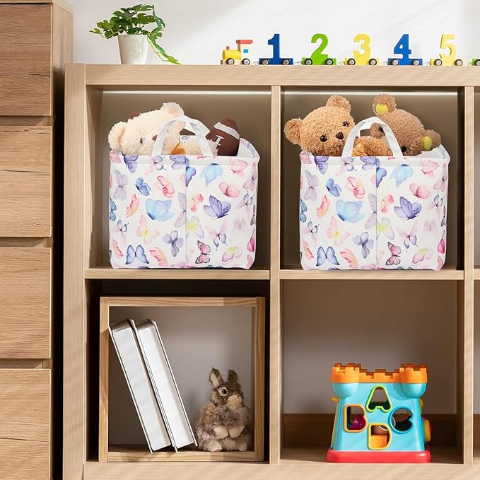 Butterfly Girls Shelf Basket Pink Baby Shower Basket for Kids Room Rectangle Clothes Toys Cube Storage Basket (Butterfly)