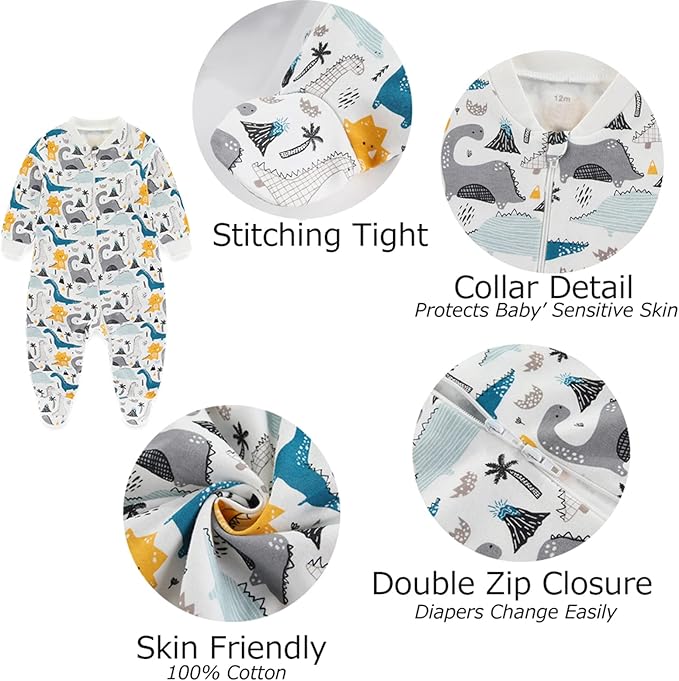 Baby Boys Girls Footies One-Piece Romper Long-Sleeve Jumsuit Cotton Newborn Clothes Set 4-Pack, Baby Pajamas